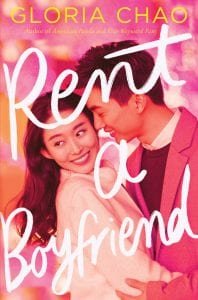 Book Cover. RENT A BOYFRIEND in white cursive over a happy Asian couple, the man leaning into kiss the girl's cheek as her hair spins and she smiles with joy