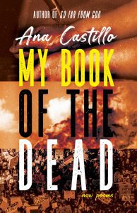 book cover with title: MY BOOK OF THE DEAD by Ana Castillo. the words are superimposed over three juxtaposed photographs. The top is hands, the second clouds, and the third a crop of an image from a Black Lives Matter demonstration.