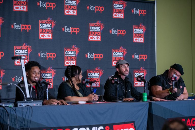 Walter Jones (Zack Talyor), Karan Ashley (Aisha Campbell), Jason Narvy (Skull) and Paul Schrier (Bulk) of the Mighty Morphin Power Rangers at C2E2 2021. Photo by Aaron Cynic.