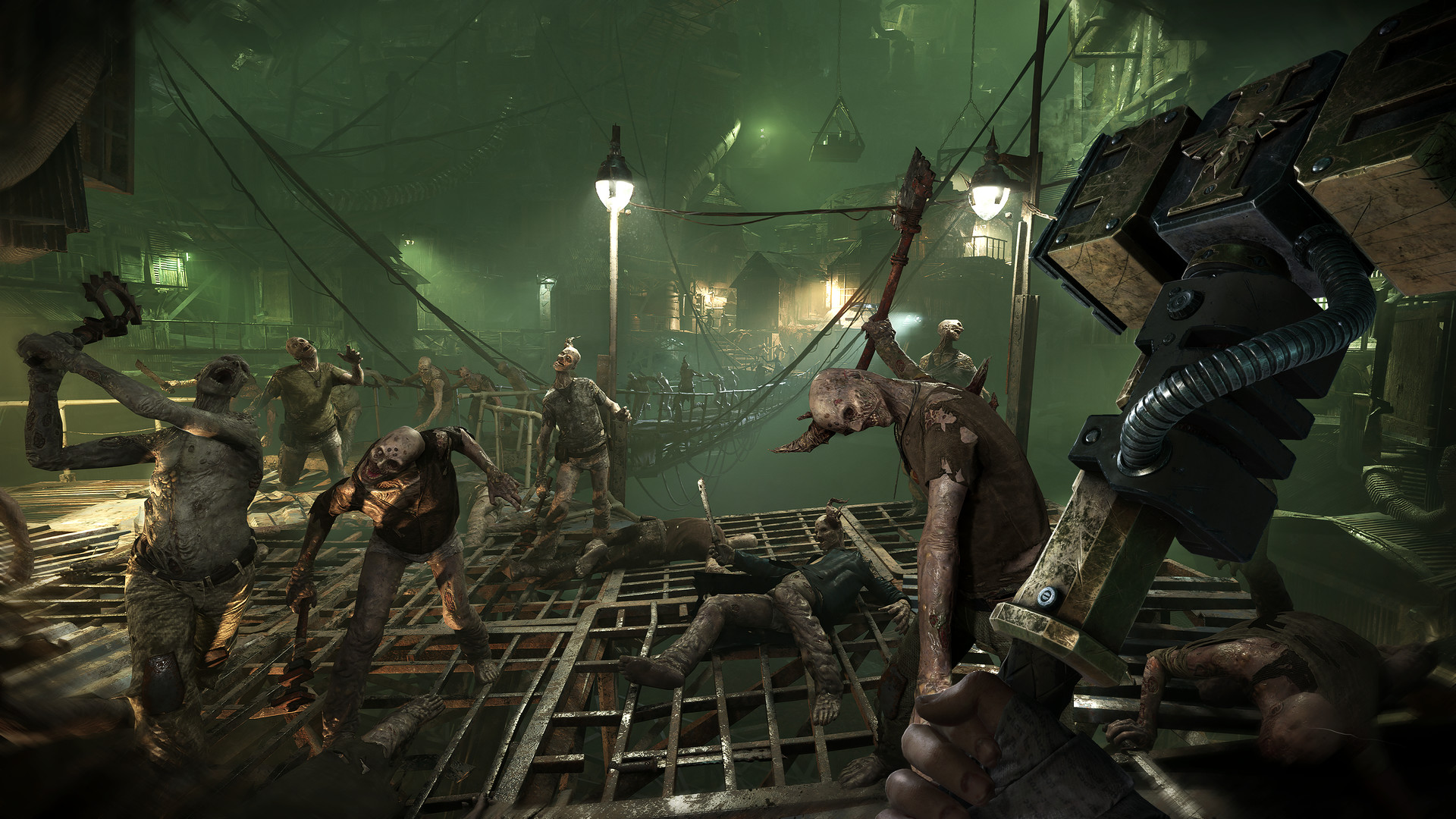 a bunch of zombies on a ship, player is facing them with a hammer in hand.