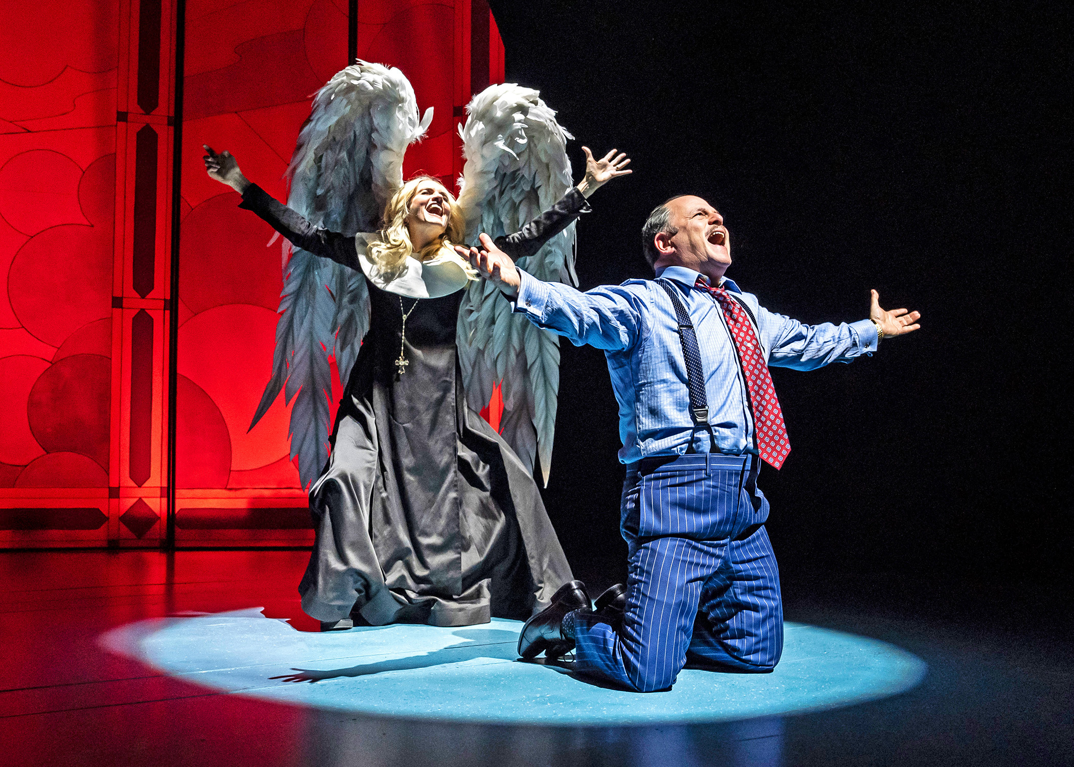 Jason Alexander (at right) stars as a corrupt lawyer visited by a terrifying angel, played by Candy Buckley, after a near death experience in the world premiere comedy Judgment Day. In The Yard at Chicago Shakespeare through May 26, 2024. Photo by Liz Lauren.