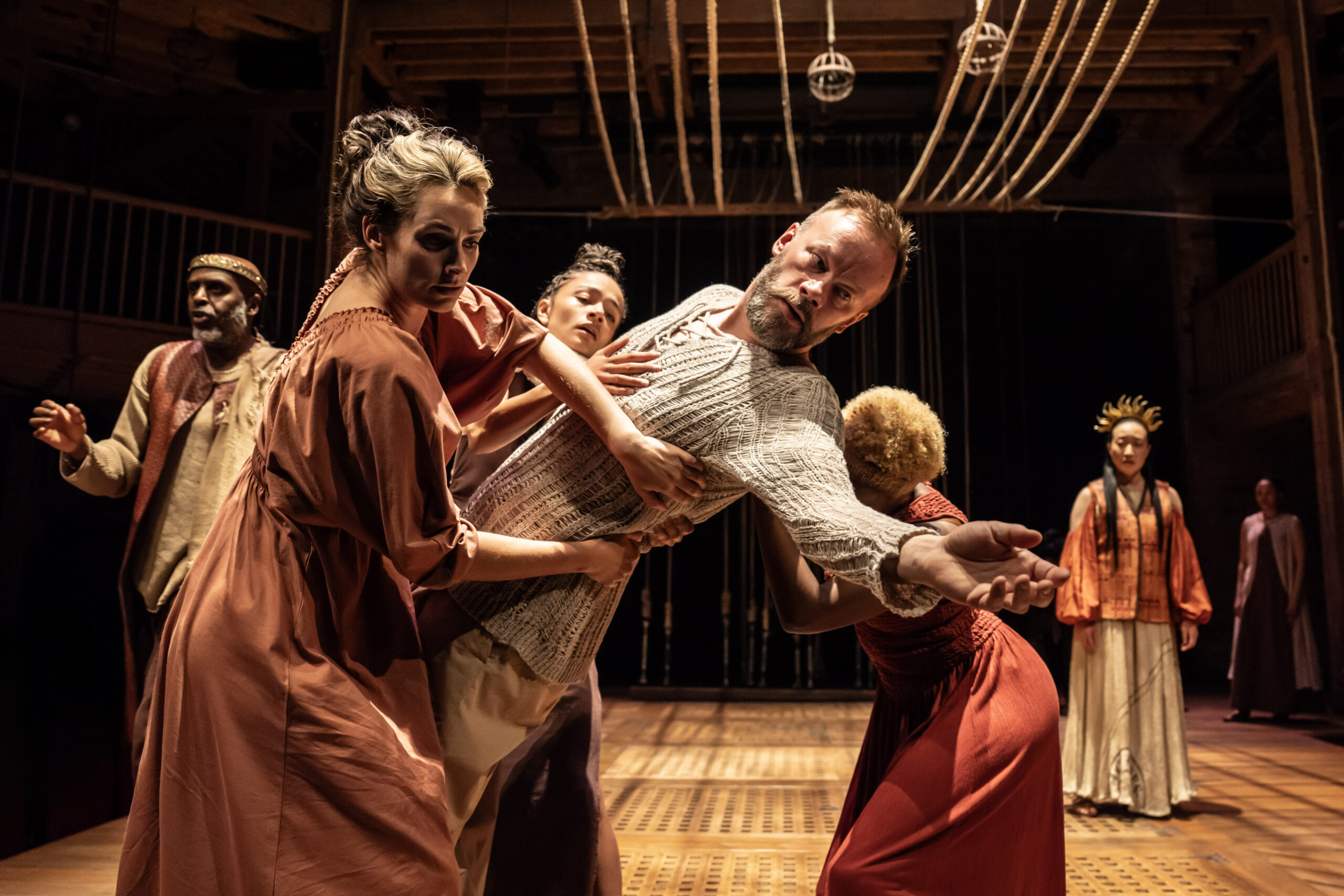 The company of the Royal Shakespeare Company’s Pericles. Directed by RSC co-artistic director Tamara Harvey and running in Chicago Shakespeare’s Courtyard Theater October 20-December 7, 2024. Photo by Johan Persson.